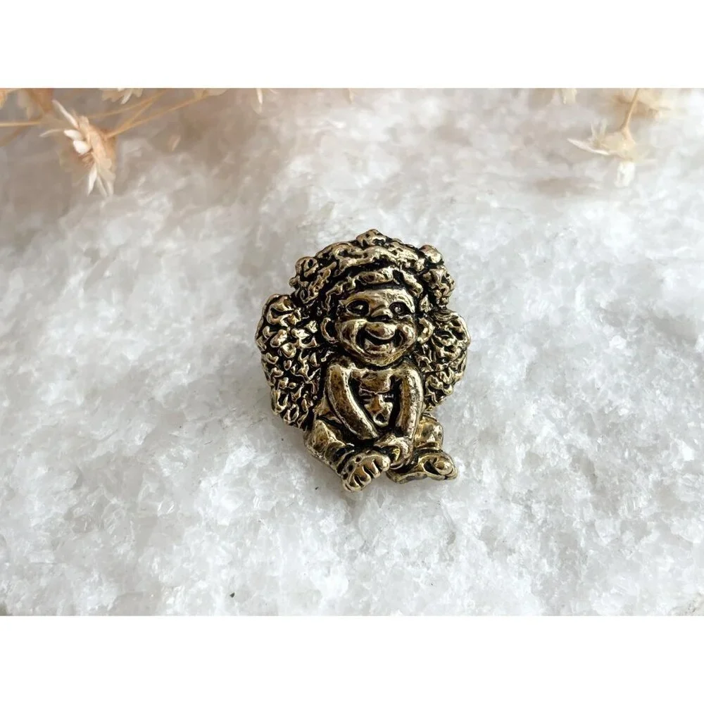 Cherub Angel Dark Gold Toned Carved Tiny Vintage Cute Jewelry Brooch | Lapel Pin